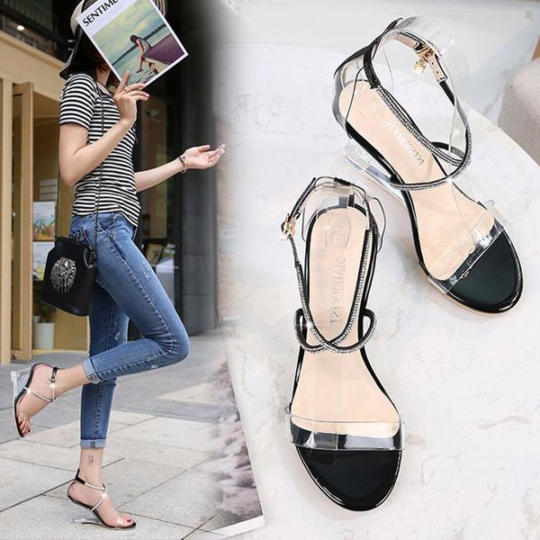 

sandals large size women's shoes style pvc women high heels crystal wedge open toe, Black