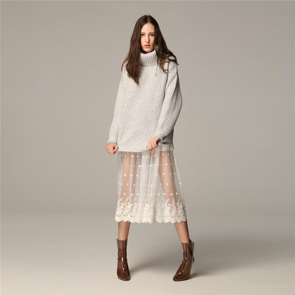 

skirts autumn winter women lace mesh korean fashion casual elegant tulle floral embroidery high waist white midi skirt, Black