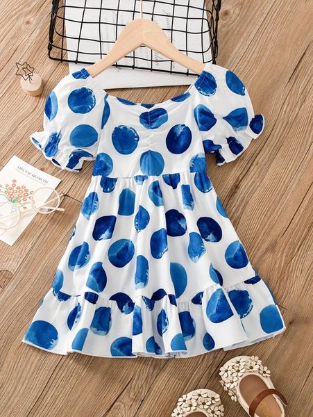 

toddler girls polka dot print puff sleeve ruched ruffle hem dress she, Red;yellow