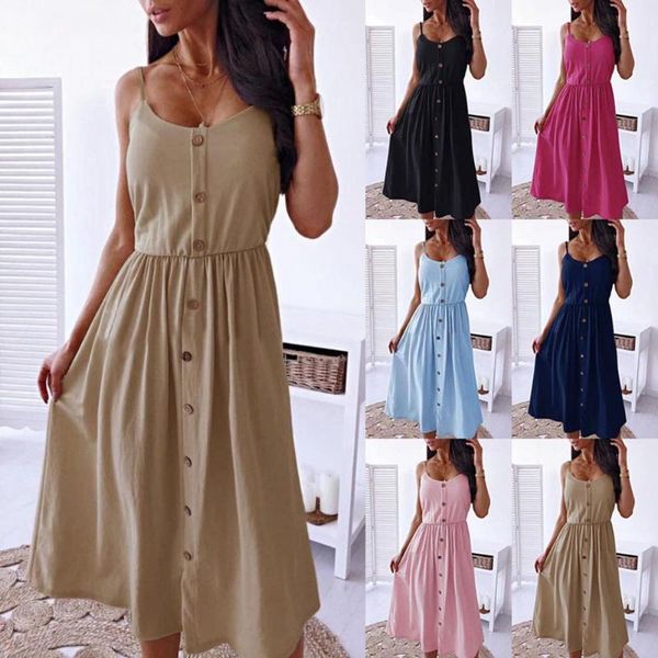 

casual dresses plus size women dress solid color sleeveless spaghetti strap sling single-breasted loose midi sundress for dating, Black;gray