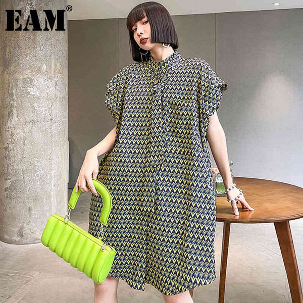 

[eam] women yellow big size print casual dress stand collar sleeveless loose fit fashion spring summer 1dd7193 21512, Black;gray