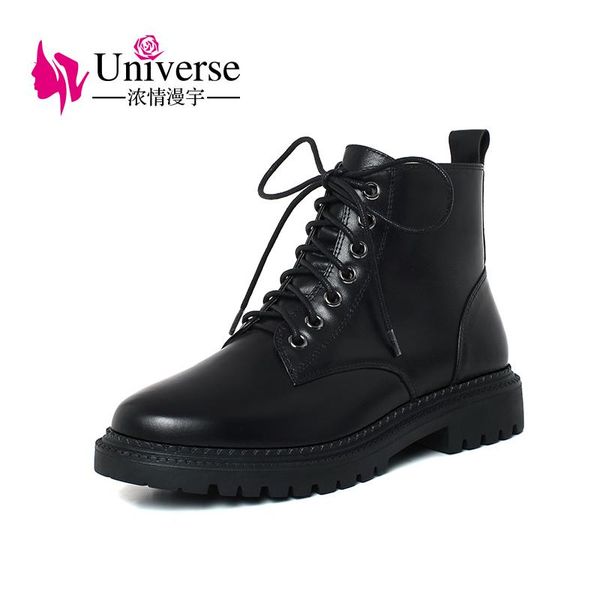 

boots universe k189 thick sole zipper ankle med heels handmade genuine leather lace up, Black