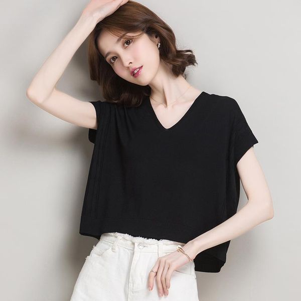 

women's sweaters linen blouse summer lady thin knit elegant solid shirt short sleeve clothes, White;black
