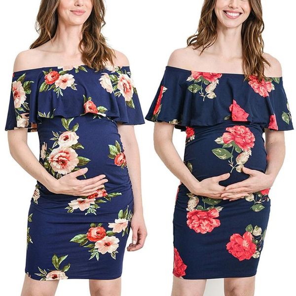 

maternity dresses women dress pregnancy sleeveless off shoulder floral print ruffle casual summer ladies mama cloth, White