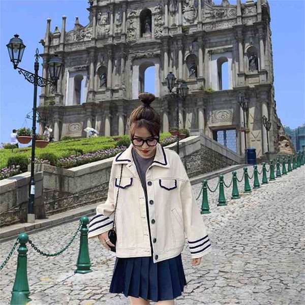 

autumn korea fashion women long sleeve loose jean jackets all-matched casual turn-down collar denim female coat d538 210512, Black