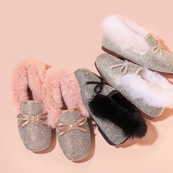 

sneakers girls casual shoes shiny crystal children's fashion winter plush warm kids party, Black;red