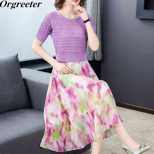 

chiffon long dress knitted pullover two piece set female summer hollow out jacquard thin seater and print suits 210525, White