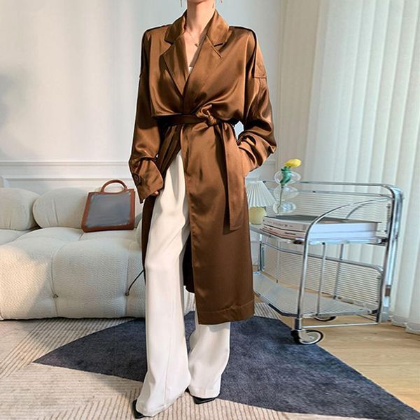 

women's trench coats [ewq] korea chic green coat autumn 2021 laple loose lace up waist double breasted long sleeve windbreaker, Tan;black