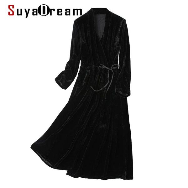 

women's trench coats suyadream women long trenchs silk velvet v neck sashed black coat 2021 office chic autumn winter, Tan;black