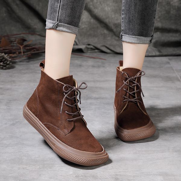 

2021 autumn and winter layer cowhide single square head flat bottom literary short boots guangzhou women's sho, Black