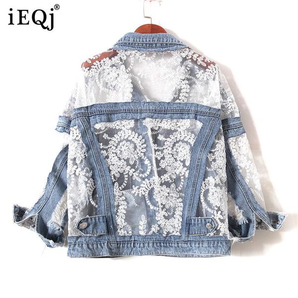 

women's jackets ieqj loose floral embroidery hollow lace stitching denim sun protection jacket lapel women coat fashion autumn 2021 3f1, Black;brown