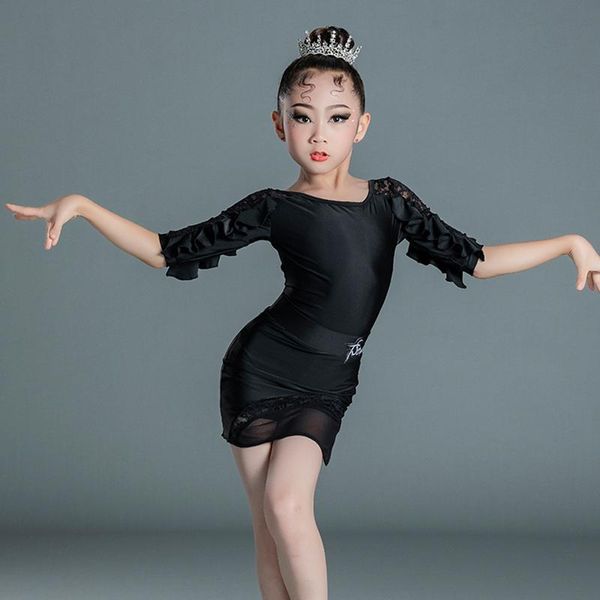 

stage wear children's latin dance clothing girls professional practice clothes lace split suit competition dn10006, Black;red