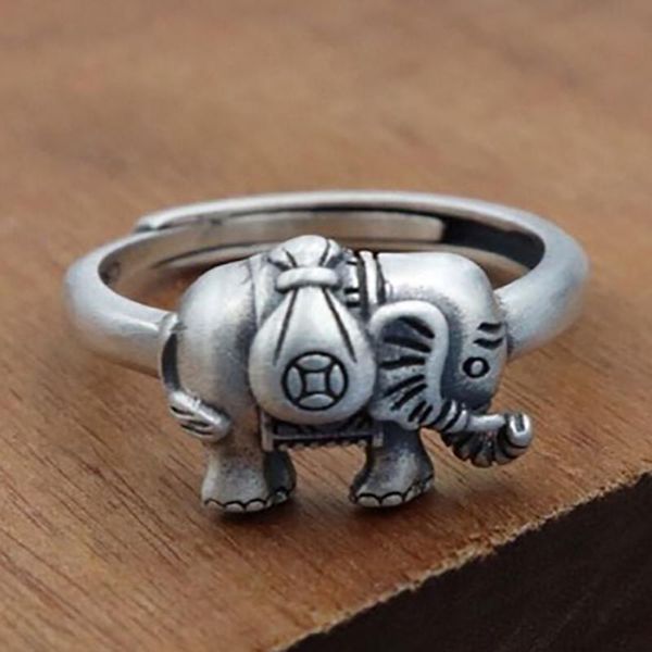 

silver elephant ring retro auspicious animal craft niche design women's opening adjustable birthday anniversary gift cluster rings, Golden;silver