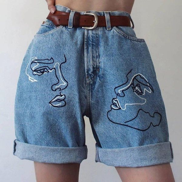 

women's shorts blue abstract face print jean women summer 2021 vintage loose cargo pants with pocket denim joggers female streetwear, White;black