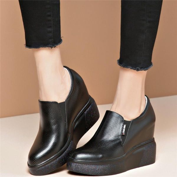 

casual shoes women breathable genuine leather wedges high heel ankle boots female round toe fashion sneakers platform oxfords, Black