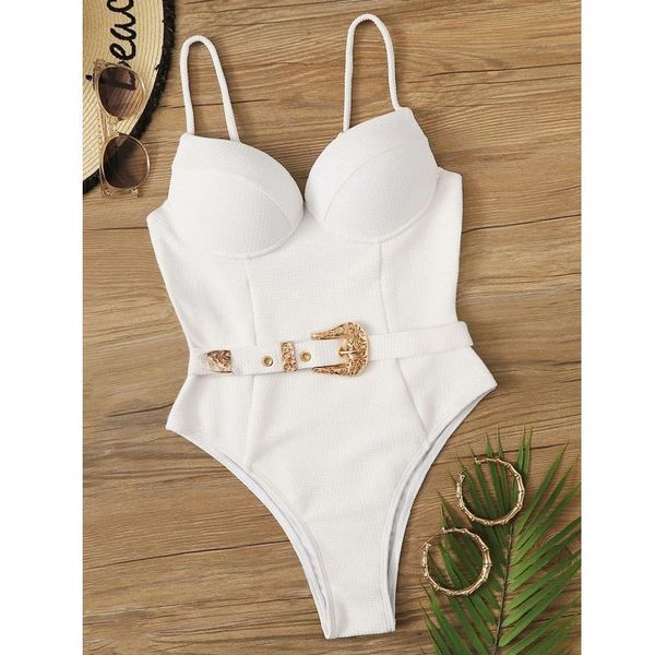 

one-piece suits white one piece women swimsuits with belt push up bathing high waist backless suspender swimwear 2021 female beachwear