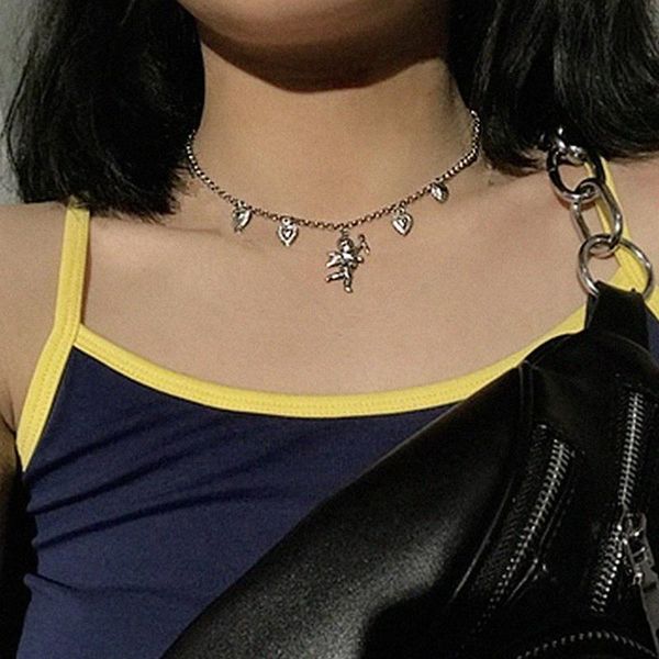 

chokers silver color cross heart shaped cupid angel necklace pendants for women choker clavicle chain collier femme bijoux collares, Golden;silver