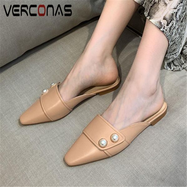 

fashion woman flats sandals summer genuine leather pearl decoration mules casual shoes square toe, Black