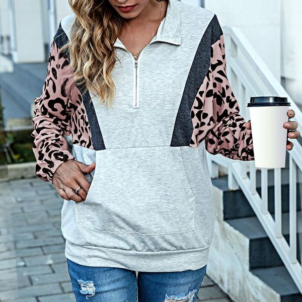 

women's hoodies & sweatshirts autumn women loose sweatshirt leopard hoodie splicing zip collar long sleeves front pocket pullovers casu, Black