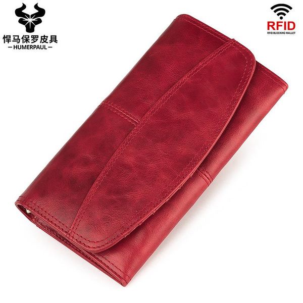 

women's wallet leather long large-capacity handbag rfid card bit european and american mobile phone bag wallets, Red;black