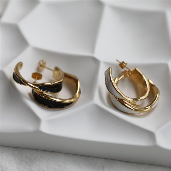 

hoop & huggie joolim pvd plated enamel black white irregular earring waterproof jewelry, Golden;silver