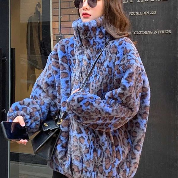 Lautaro Inverno Oversized Colorido Leopard Impressão Faux Pele Casaco Mulheres Manga Longa Zip Up Acima Quente Macia Fluffy Jaqueta Coreano Moda 211018