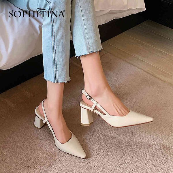 Sófitina Moda Sandálias das Mulheres Capa de Toe Pointed Back Strap Tênue Sapatos de Couro Genuíno Escritório Sapatos AO674 210513