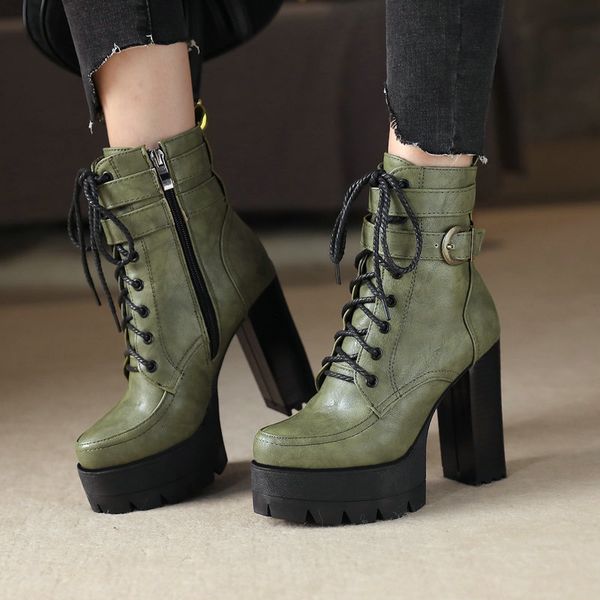 

dress shoes fashion platform women boots square high heel ankle lace up zipper motorcycle boots autumn winter plush ladies 579c, Black