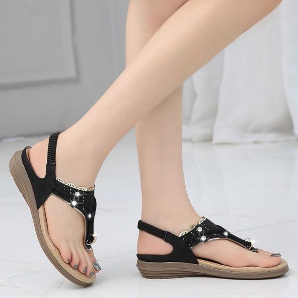 

sandals women bohemia flat shoes woman crystal flip flop metal decoration beach casual size 35-41, Black