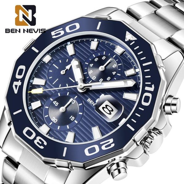 

luxury men diver watches stainless steel blue chronograph quartz men's watch waterproof brand male clock relogio wristwatches, Slivery;brown