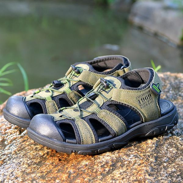 

sandals fahion summer genuine leather men casual shoes sneakers outdoor beach shoe male rubber sole fashion footwear sandale, Black