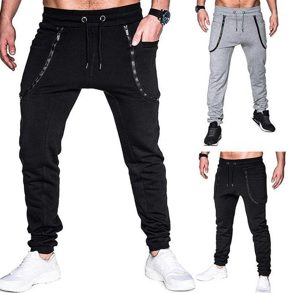 

men's pants pencil full length drawstring fashionable zipper splicing lace belt and leg casual trousers, Black