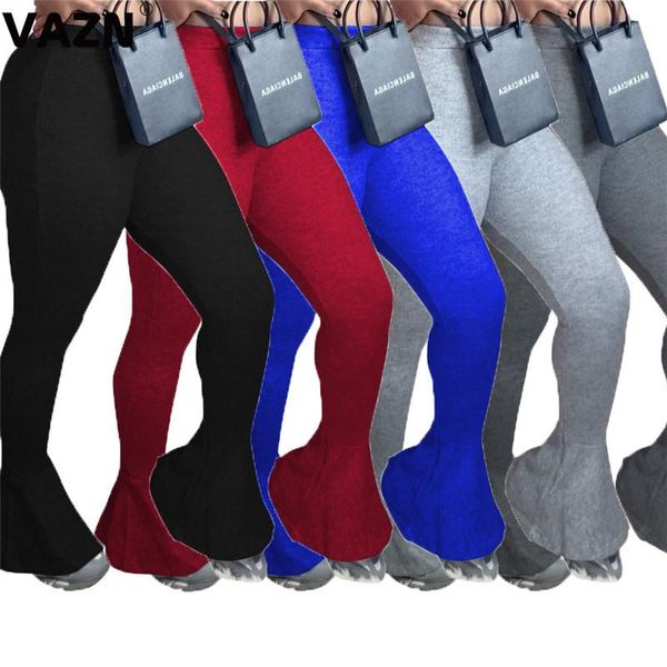 

women's pants & capris vazn 2021 latest style daily young simple solid soft elastic waist braid women long skinny flare, Black;white