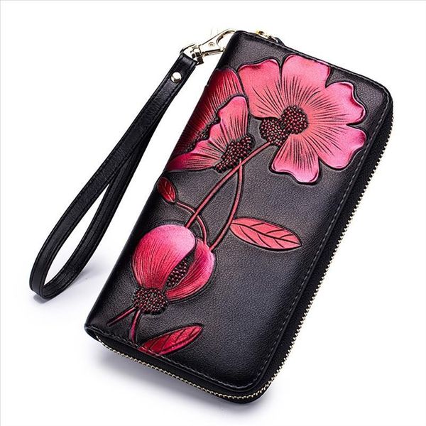 

flower genuine leather womens wallet female long walet women carteira lady clutch money bag coin purse cartera mujer portomonee, Red;black