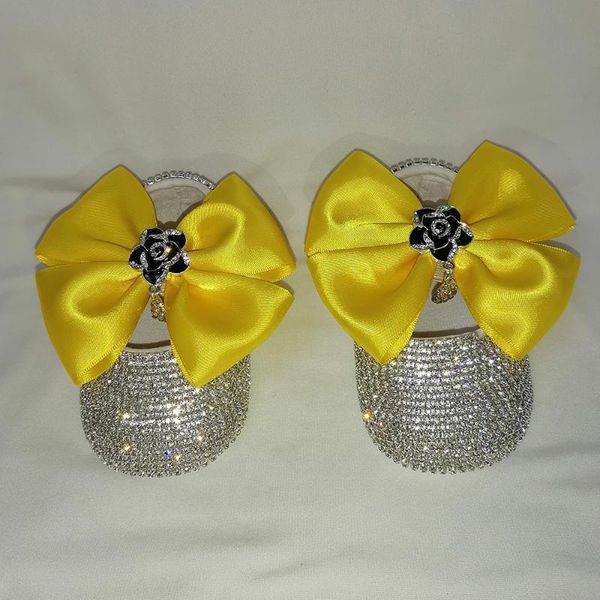 

handmade yellow bow luxury rhinestones baby girl shoes first walker sparkle bling crystals princess shower gift walkers