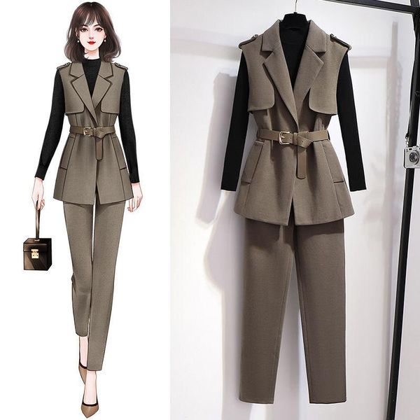 

women's two piece pants women 2021 autumn fashion three-piece suits female slim knitted and solid color vest coats ladies straight set, White
