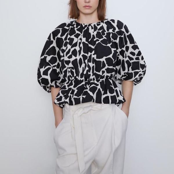 

women's blouses & shirts 2021 spring summer o-neck print shirt korean commute puff sleeve elastic waist ruffles womens and, White