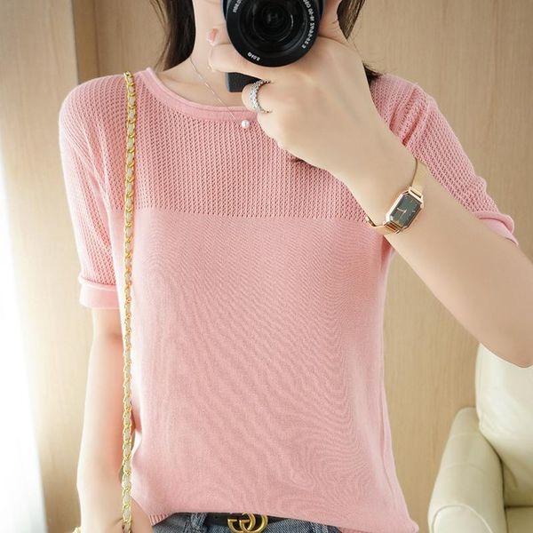 

women's t-shirt lafarvie cotton women t shirt hollow out ropa mujer blouses summer for femme oversized fashion casual o neck knit tee, White