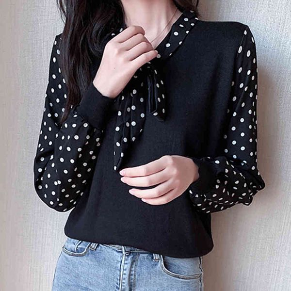 

lucyever fashion polka dot bow blouses women korean wild v-neck knitted shirts woman long sleeve loose bottoming shirt mujer 210521, White;black