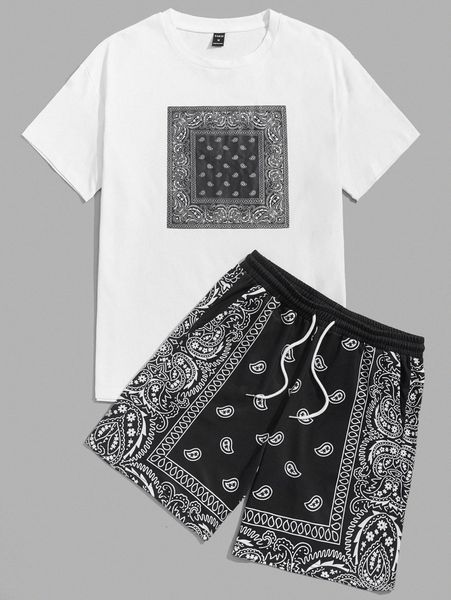 

men paisley print tee and track shorts set z5uh#, Gray