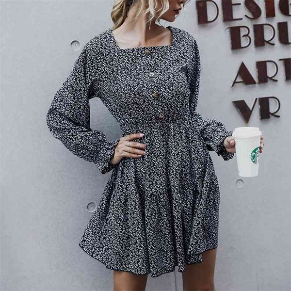 

floral black dress women autumn winter square collar short flower elegant ladies long sleeve casual 210427, Black;gray