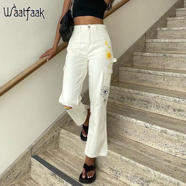 

women's jeans waatfaak white high waist cute women printed pockets patchwork mom streetwear cargo pants casual capris harajuku, Blue