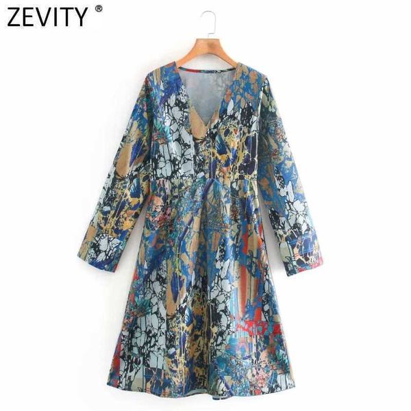 

zevity women vintage v neck long sleeve abstract flower print a line dress female casual slim chic vestido clothing ds4663 210603, Black;gray