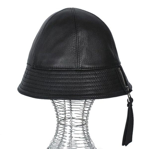 

wide brim hats korean/japanese fashion spring women genuine leather bucket female zipper street basin caps men fishing brown gorra, Blue;gray