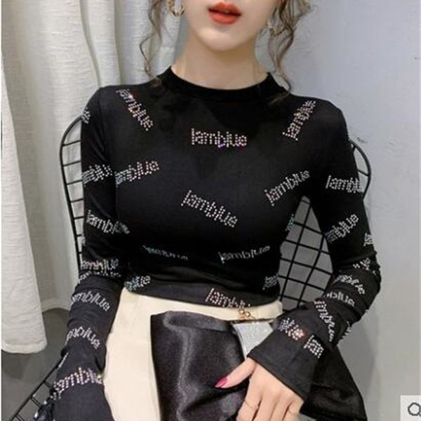 

o-neck spring new women's long sleeve bodycon tunic cotton fabric rhinestone letters patchwork shinny bling t-shirt plus size mlxlxxl, White