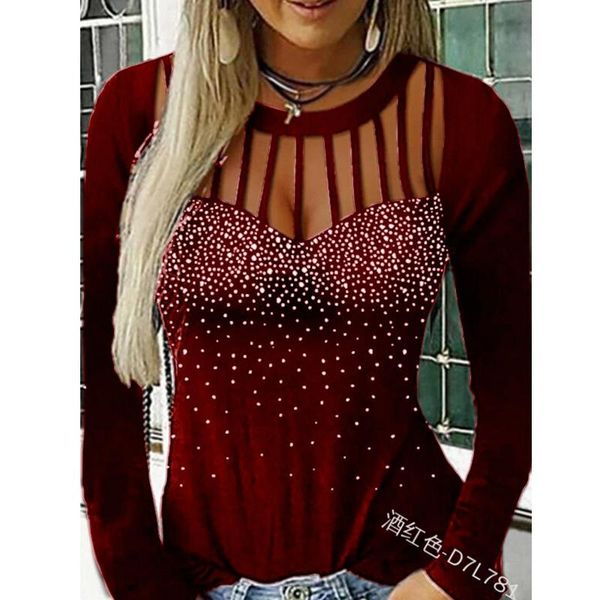 

women's t-shirt wepbel diamond printed slim-fit bottoming solid color women tshirts hollow-out shirts long sleeve, White