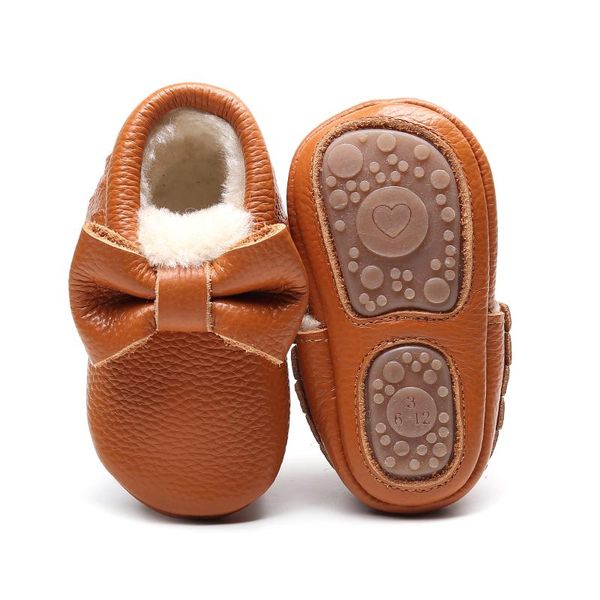 

first walkers 2021 baby winter moccasins shoes fringe big bow girls uniform genuine leather thick fur hard rubber sole infant handmade