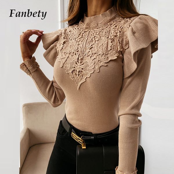 

women autumn solid lace patchwork blouse shirt office ladies long butterfly sleeve pullover casual o neck female slim blusa, White