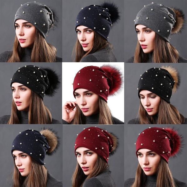 

beanie/skull caps cashmere slouchy knitted beanie for women winter soft warm skull embellish pearls hats with pom natural fur ball, Blue;gray