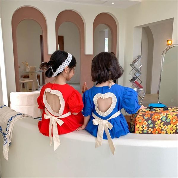 

summer girls clothes backless girl dresses puff sleeve heart, Red;yellow